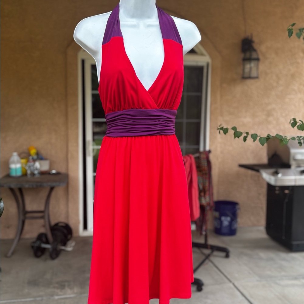 Elegant Red and Purple Halter Dress
